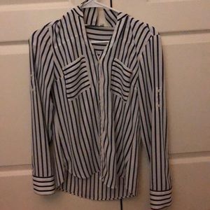 Navy blue and white striped button up shirt